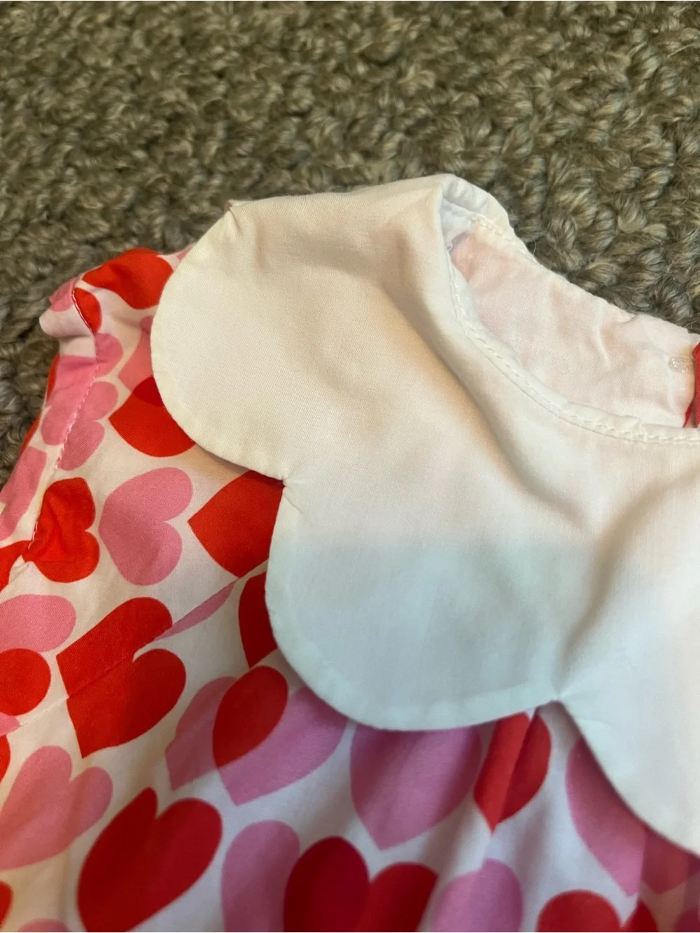 JACADI Pink and Red Heart Print Baby Bubble Romper with White Scalloped Collar